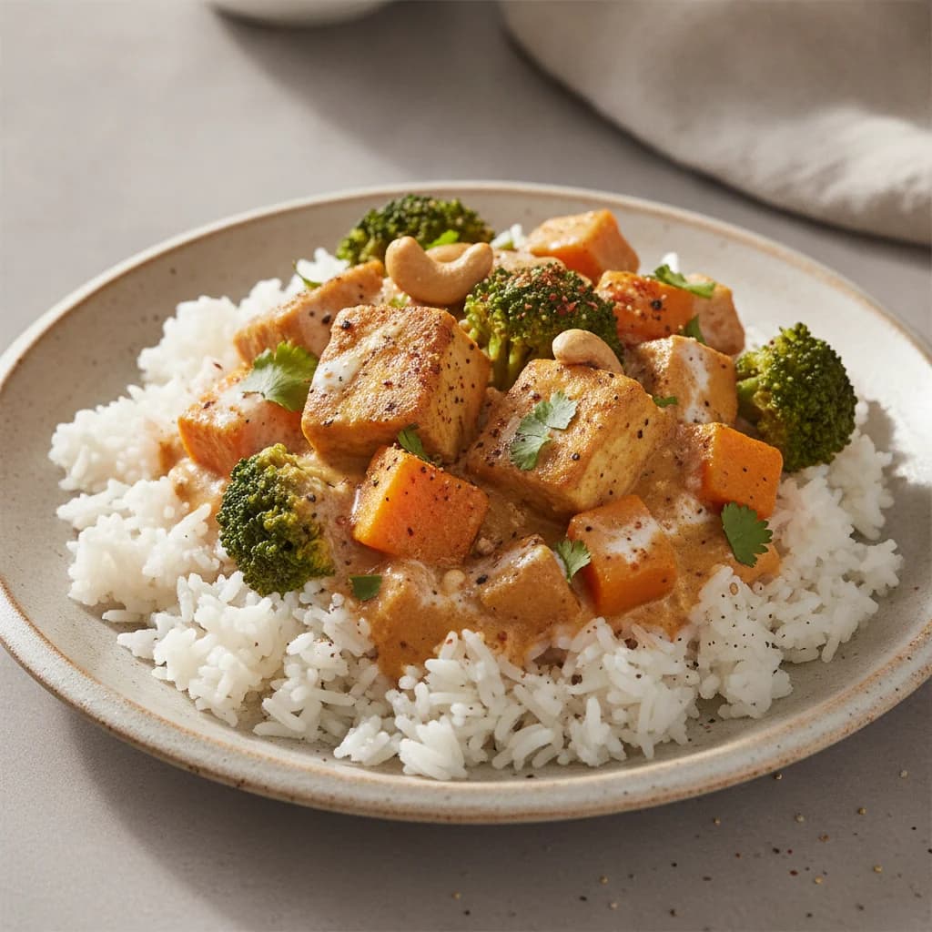 Creamy Cashew Tofu Curry with Sweet Potato and Broccoli