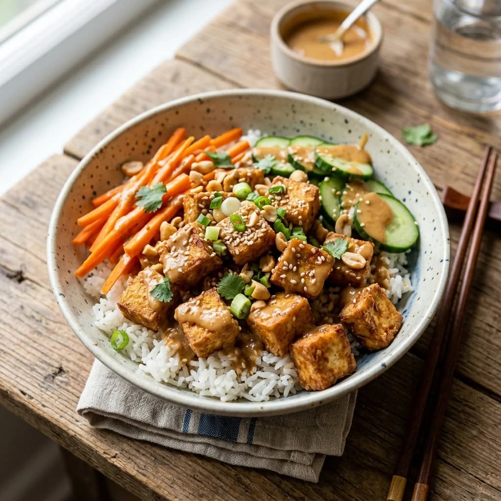 Easy Peanut Tofu Rice Bowl