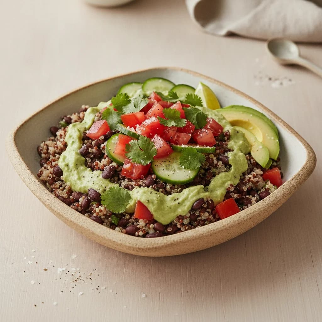 Spicy Black Bean and Quinoa Bowl with Creamy Avocado Dressing